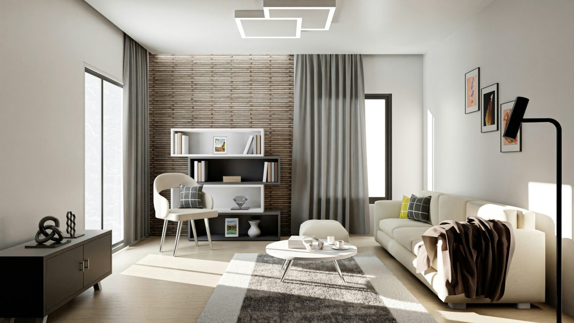 Salon aux tons neutres inclut canapé crème, fauteuil, étagères, table basse ronde et tapis gris