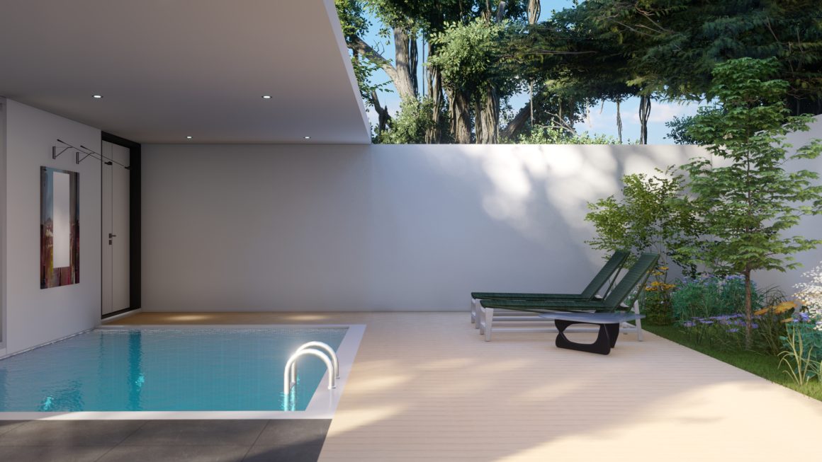 Piscine moderne couverte partiellement avec chaises longues vertes sur terrasse en bois et plantes