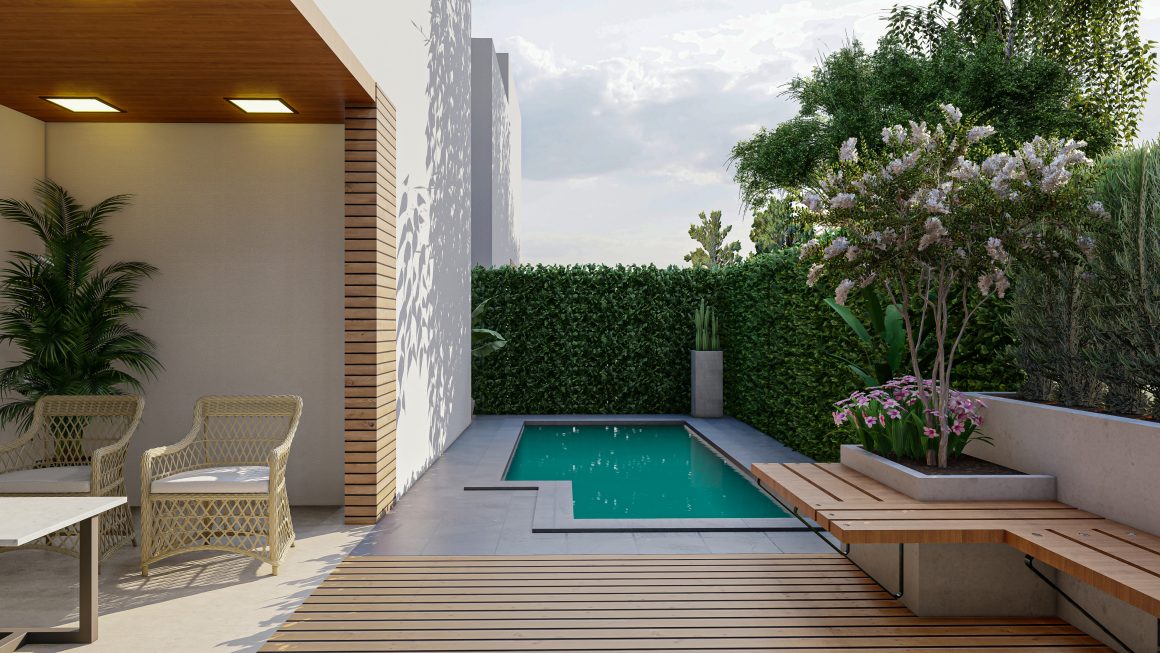 Piscine moderne avec plage en carrelage grès cérame gris anthracite, terrasse en bois et mobilier de jardin