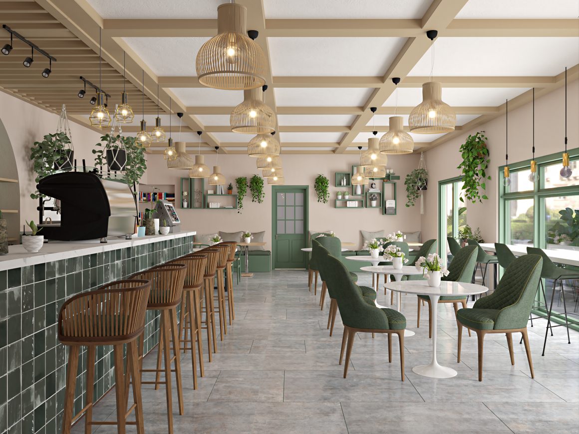 Salon de thé moderne avec mobilier vert et bois, suspensions tressées et plantes