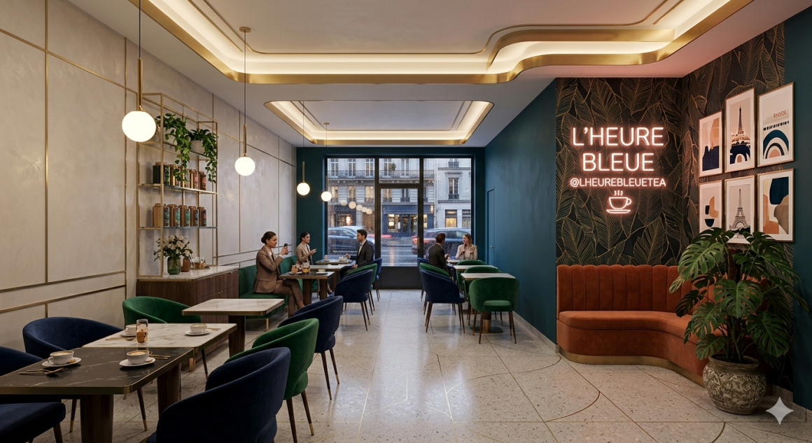 Intérieur chaleureux d'un salon de thé : banquettes velours, néon «L'HEURE BLEUE» et tables en marbre