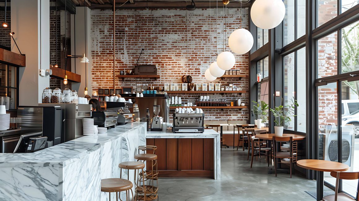 Café moderne aménagé avec comptoir en marbre, murs en briques, suspensions rondes et chaises en bois