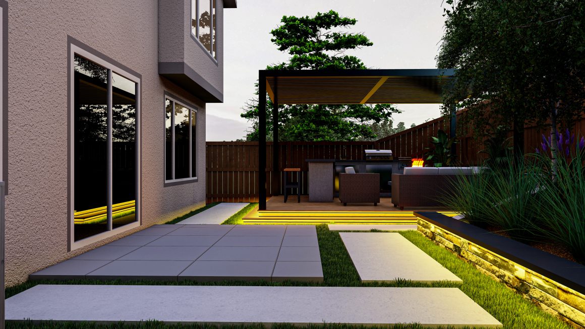 Terrasse moderne incluant pergola éclairée, salon extérieur, dalles géométriques, muret lumineux et végétation
