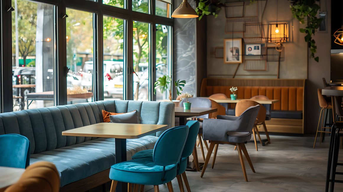 Aménagement salon de thé avec sièges bleus et verts, tables en bois et plantes
