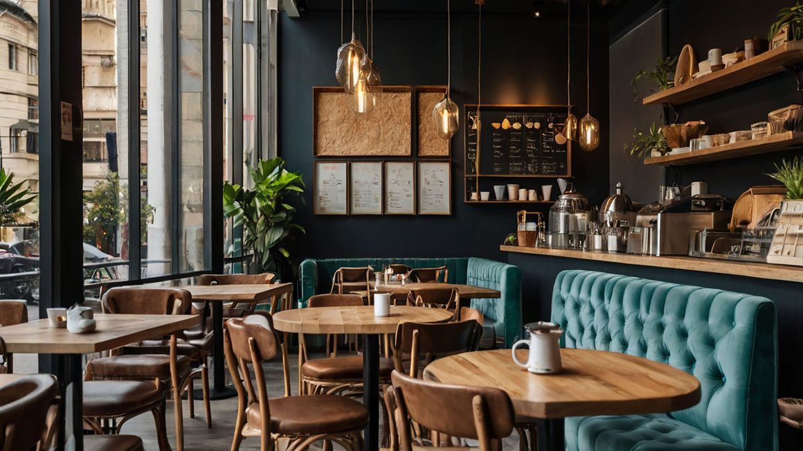 Agencement café avec banquettes turquoise, tables en bois, chaises en cuir, grandes vitrines et éclairage suspendu
