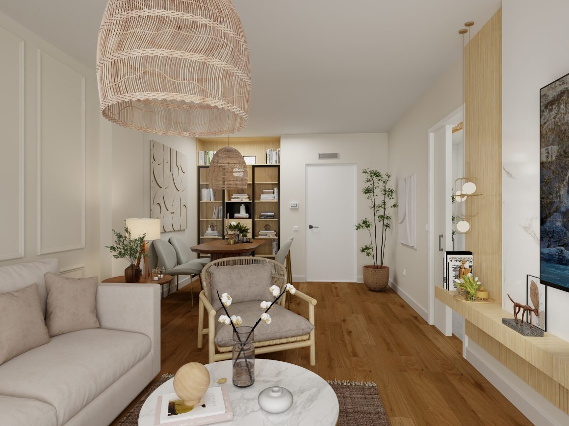 Salon au style scandinave aménagé avec mobilier en bois chaud, plantes et suspension en rotin