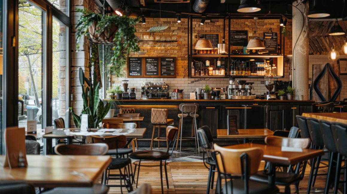 Agencement café en bois incluant comptoir, plantes, luminaires suspendus, tables en bois et chaises variées