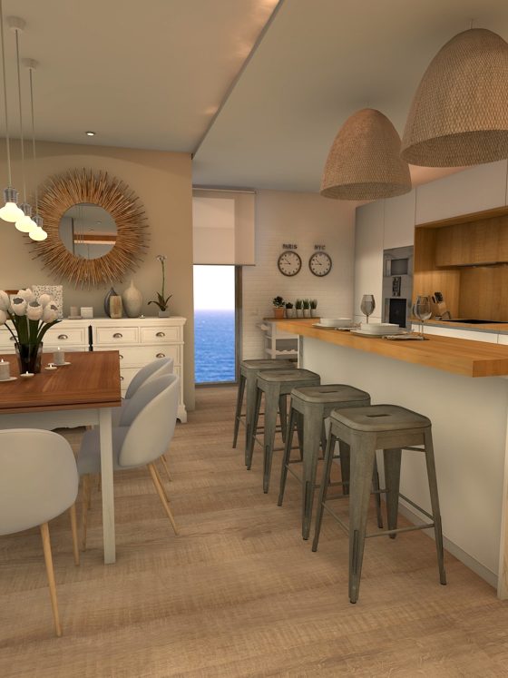Intérieur lumineux aux tons beiges avec cuisine ouverte, îlot en marbre, tabourets coin repas cosy et salon