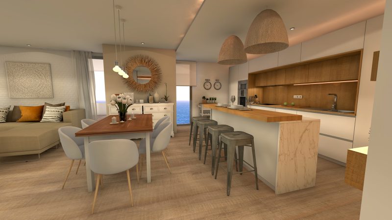 Intérieur lumineux aux tons beiges avec cuisine ouverte, îlot en marbre, tabourets coin repas cosy et salon