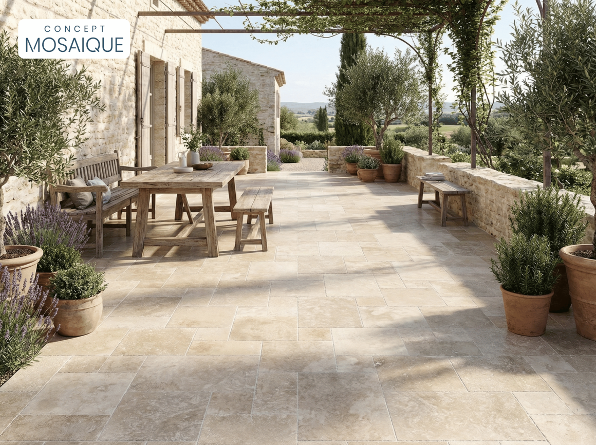 Terrasse en travertin beige esprit Provence, mobilier en bois et plantes méditerranéennes.