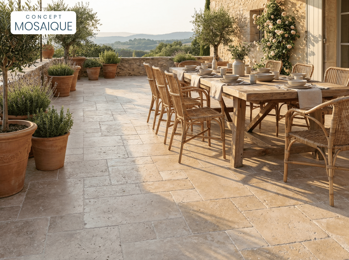 Terrasse en travertin style provençal avec table en bois, chaises en rotin et pots en terre cuite