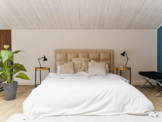Chambre avec lit king-size blanc, têtes de lit beige, plantes vertes et lampes noires