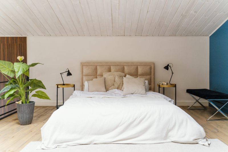 Chambre avec lit king-size blanc, têtes de lit beige, plantes vertes et lampes noires