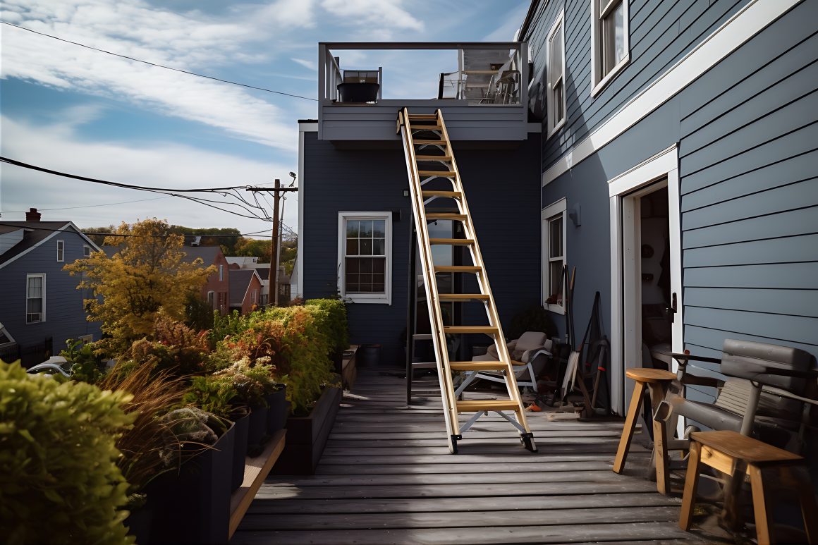 Échelle posée sur terrasse en bois, plantes en pots et chaises devant une maison bleue