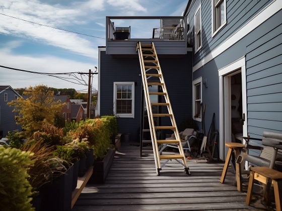 Échelle posée sur terrasse en bois, plantes en pots et chaises devant une maison bleue