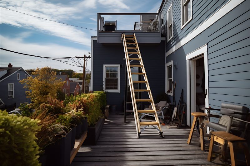 Échelle posée sur terrasse en bois, plantes en pots et chaises devant une maison bleue