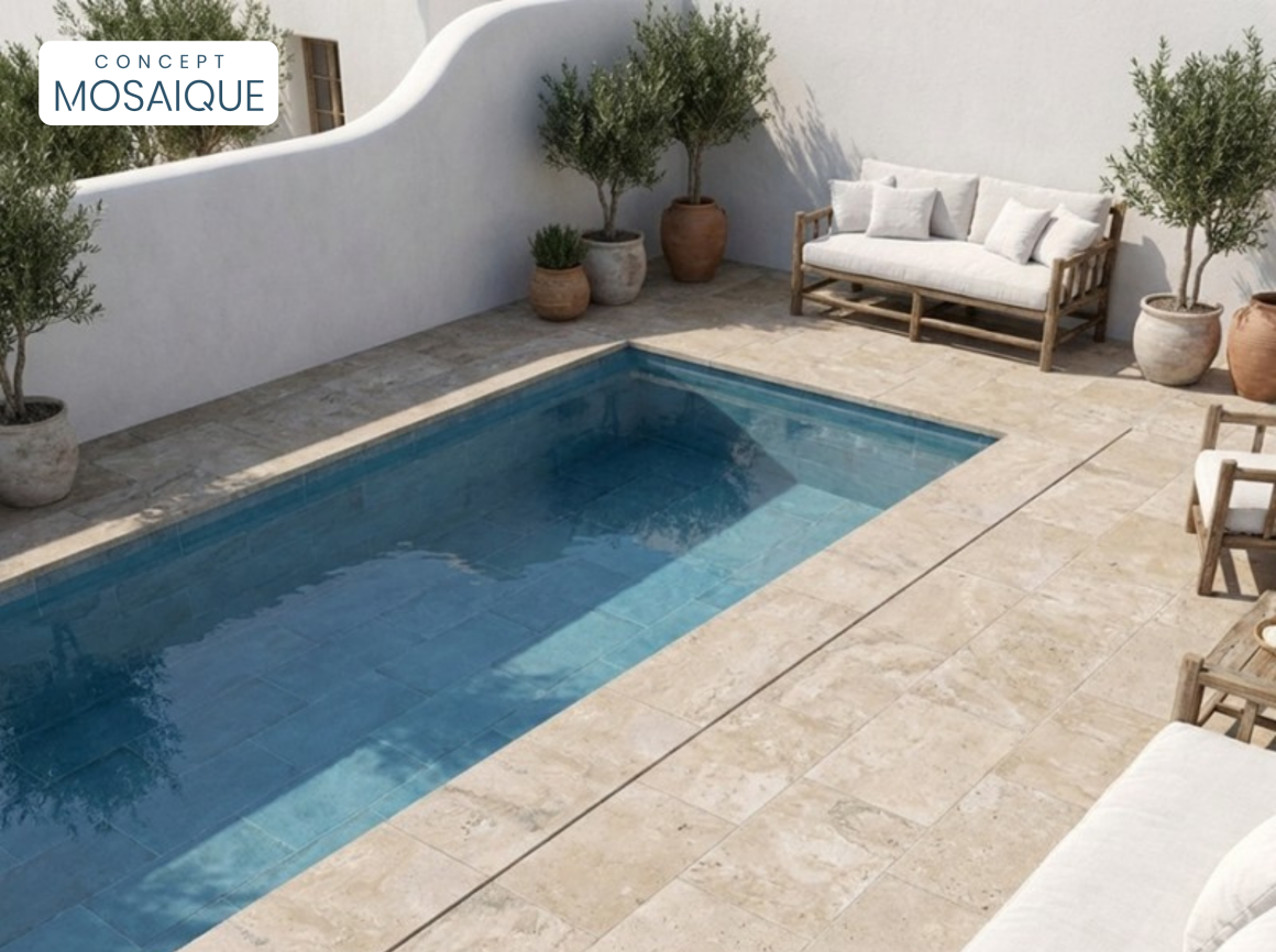 Piscine rectangulaire entourée de dalles claires, plantes en pots et mobilier en bois