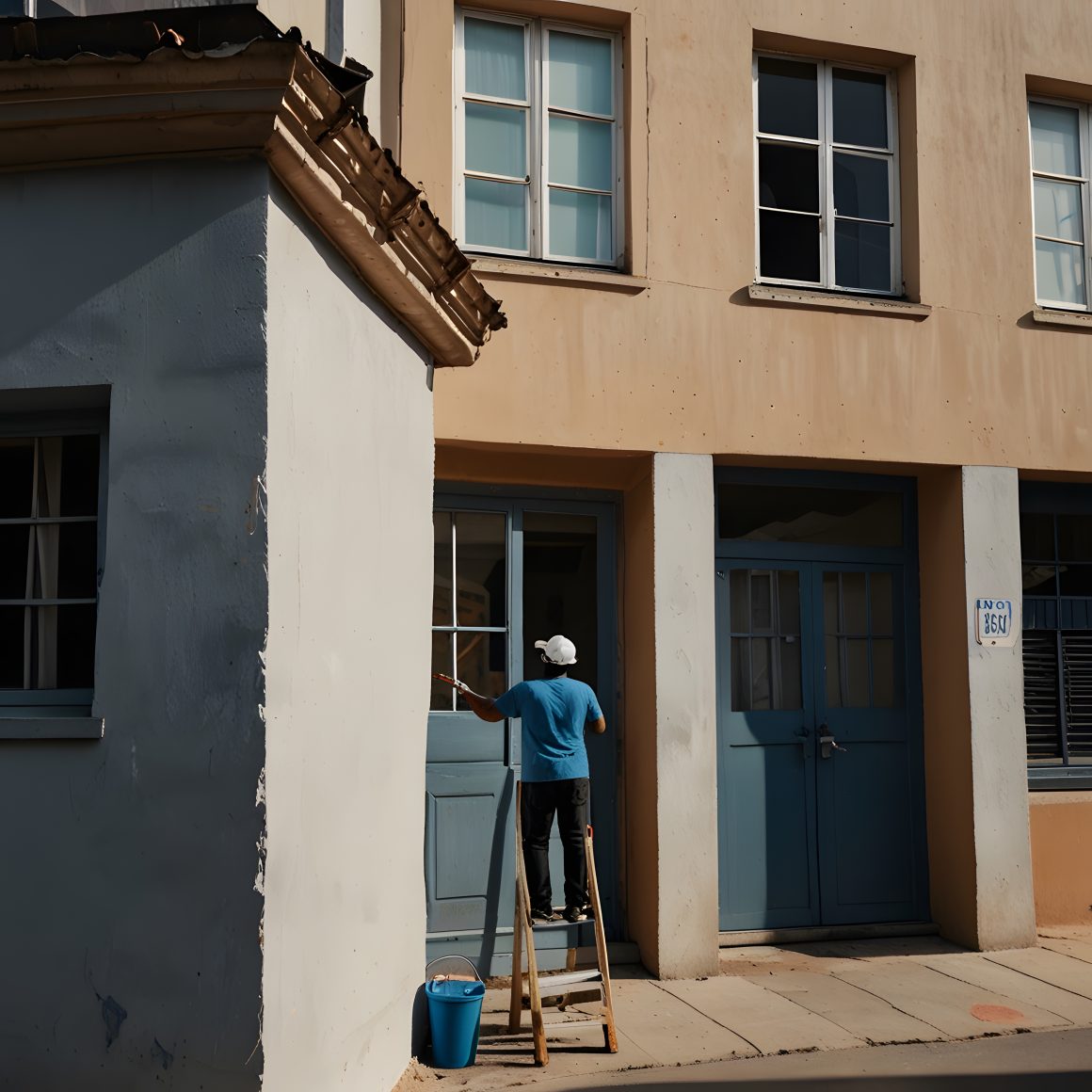 Un homme repeint une façade beige et des portes bleues