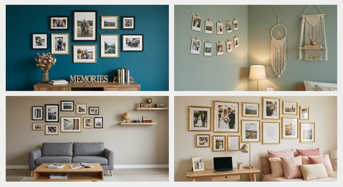 Quatre exemples de murs décorés avec cadres photos et objets : couleurs neutres et ambiances cosy
