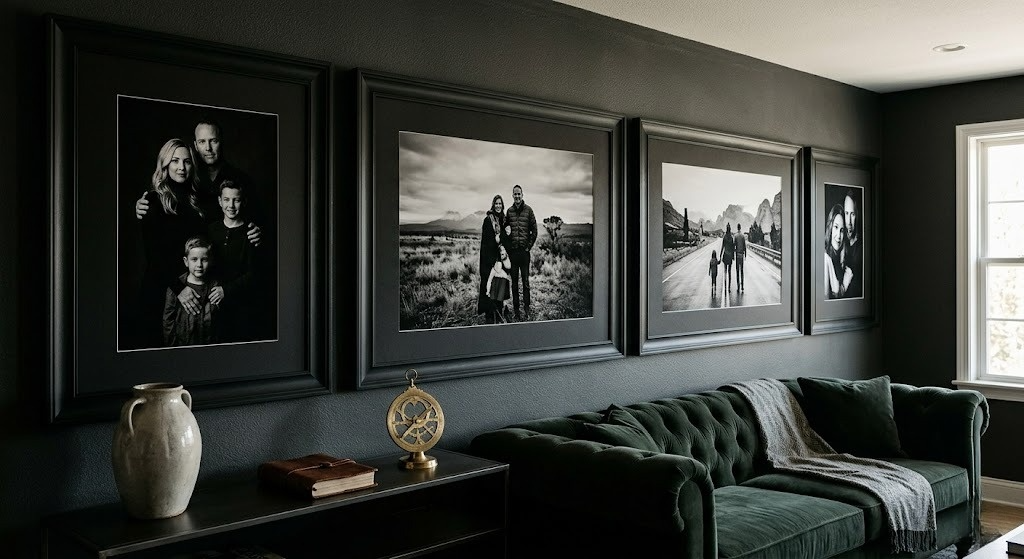 Salon élégant sombre avec canapé vert profond et grandes photos encadrées