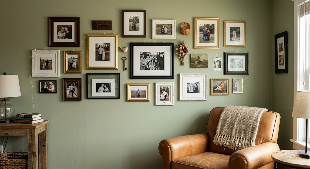 Salon cosy avec fauteuil en cuir, mur vert, galerie de cadres familiaux, lampe et table en bois