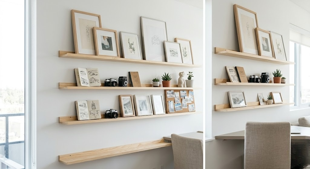 Mur minimaliste avec étagères flottantes en bois, cadres, plantes et appareils photo