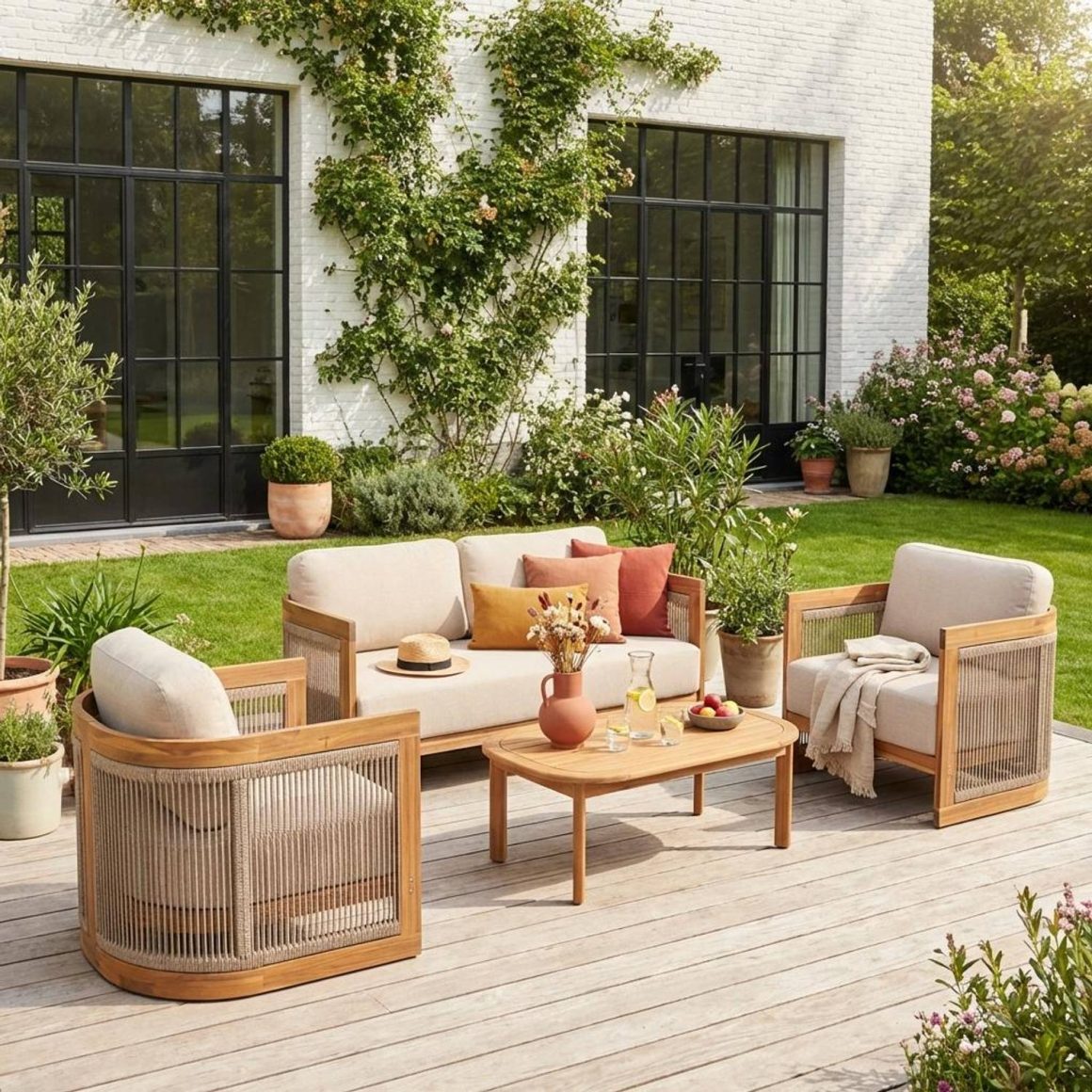 Salon de jardin élégant : mobilier en teck et cordage, coussins beiges et terracotta et table basse