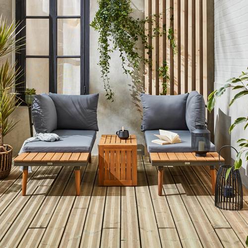 Salon de jardin en bois modulable converti en deux transats avec table d'appoint centrale