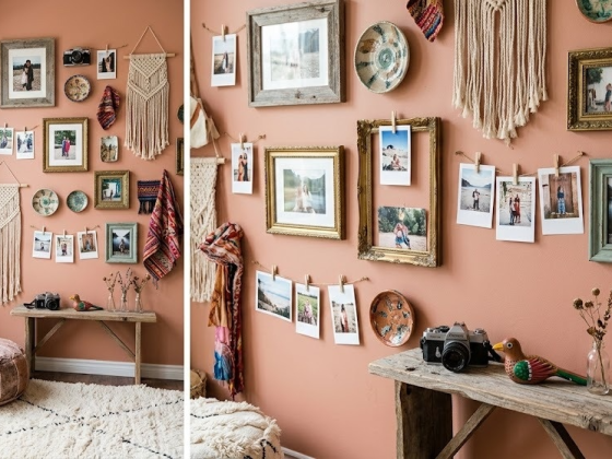 Coin bohème incluant pouf et mur décoré de cadres, photos suspendues avec macramés
