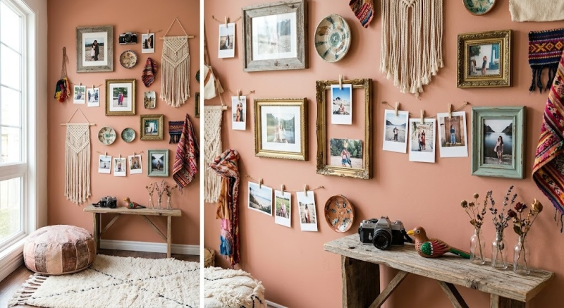 Coin bohème incluant pouf et mur décoré de cadres, photos suspendues avec macramés