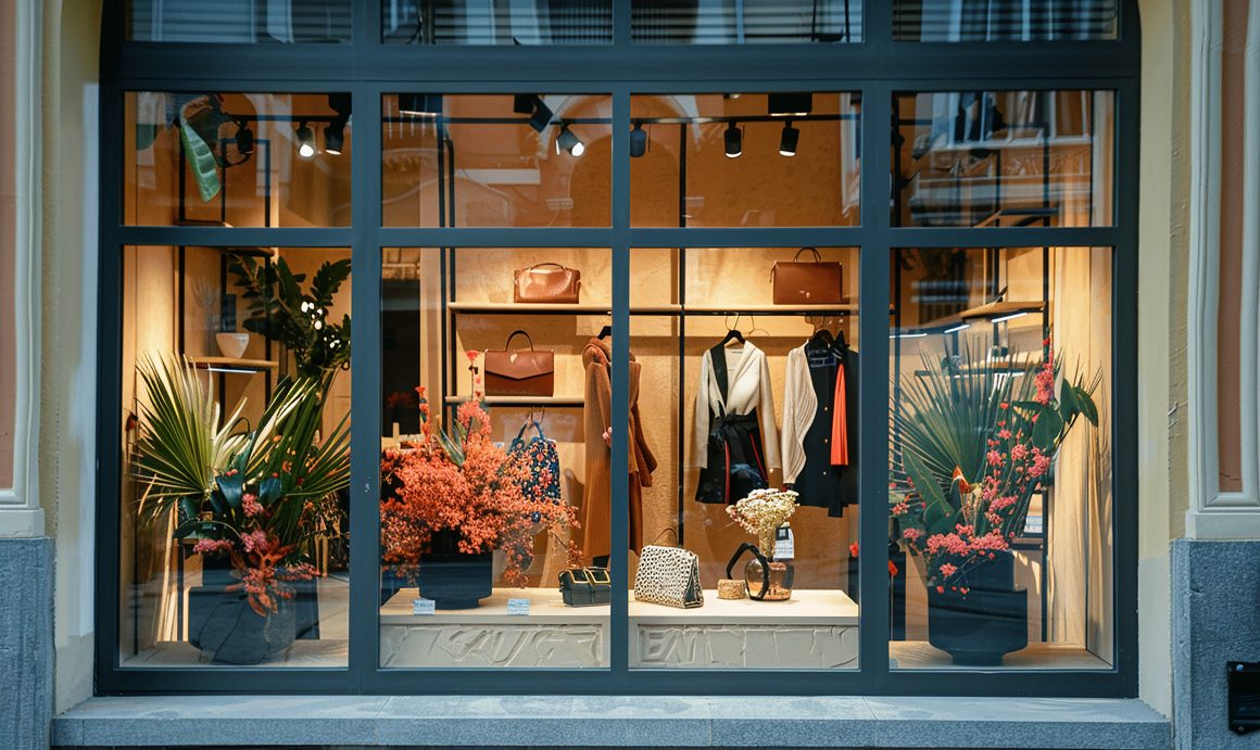 Vitrine élégante de magasin de vêtement : sacs, vêtements, grandes plantes et éclairage chaleureux
