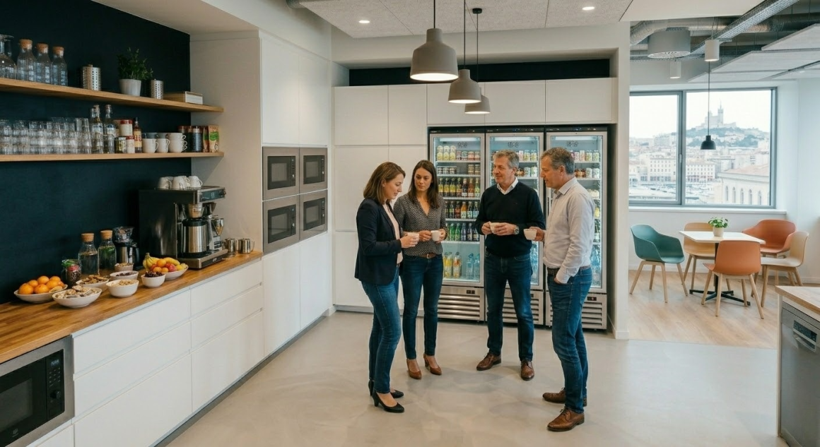 Cuisine d'entreprise : plans de travail en bois, réfrigérateurs vitrés, étagères ouvertes avec vaisselle, machine à café, table et chaises
