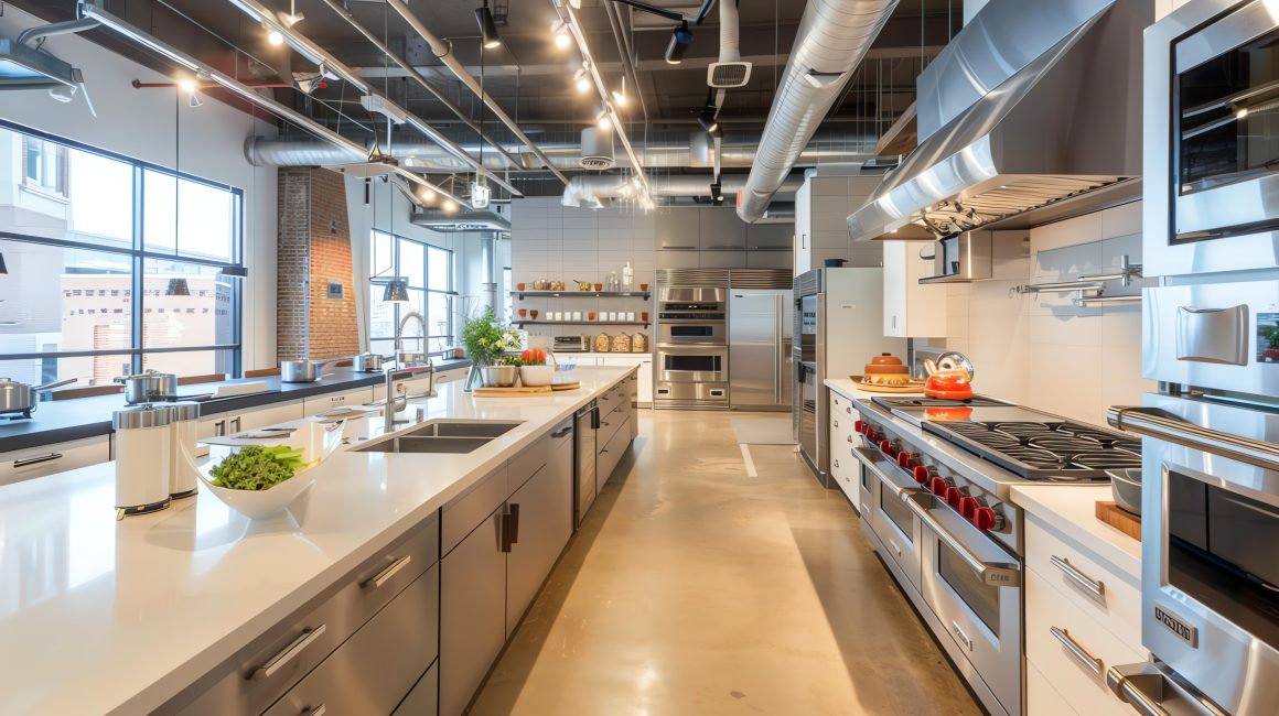 Aménagement cuisine professionnelle avec grand îlot central, équipements en inox, hottes et rangements fermés