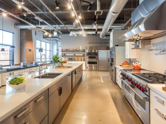Aménagement cuisine professionnelle avec grand îlot central, équipements en inox, hottes et rangements fermés