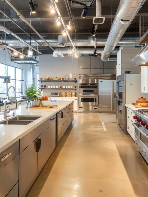 Aménagement cuisine professionnelle avec grand îlot central, équipements en inox, hottes et rangements fermés