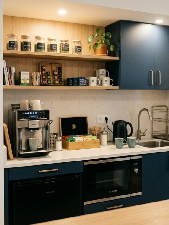 Coin café dans un bureau incluant machine à café, micro-ondes, évier, placards bleus, tasses et plantes