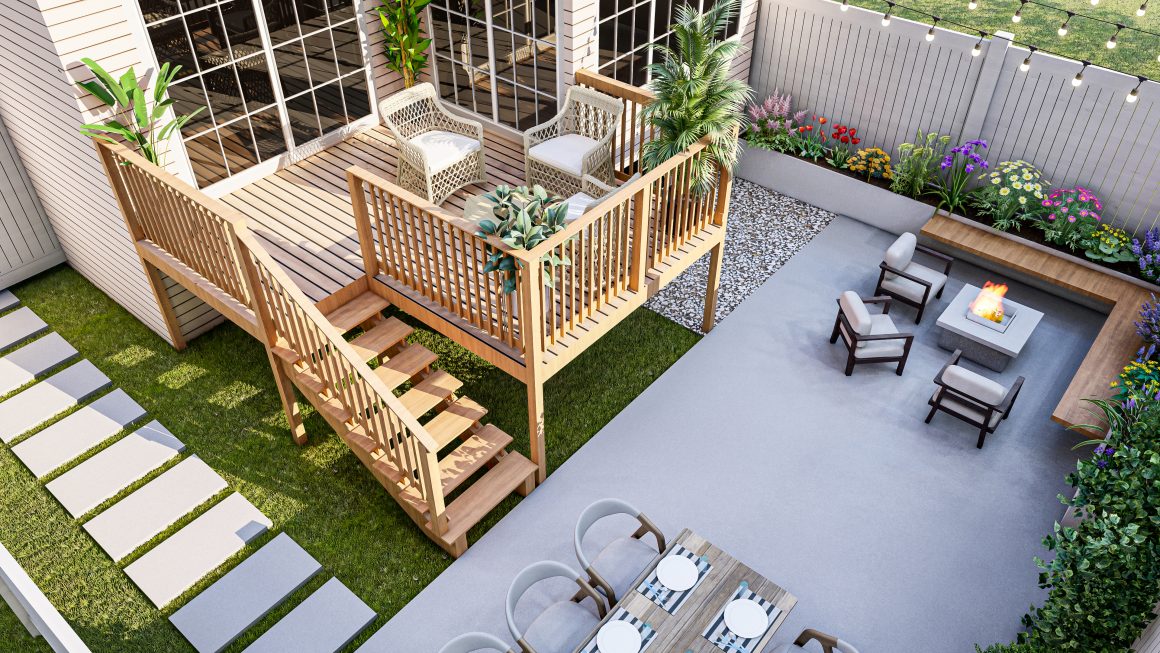 Terrasse en bois surélevée avec coin repas, espace salon, banc, allée de dalles et jardinières