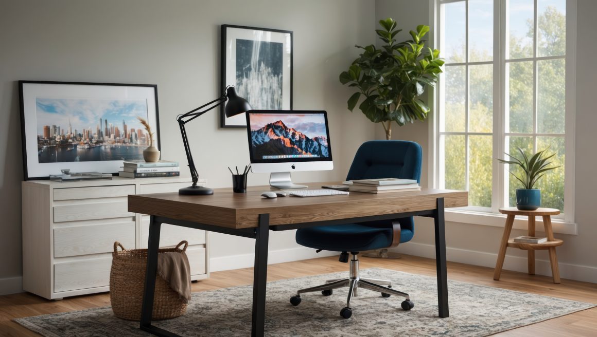 Espace de travail moderne : grand bureau en bois, chaise, lampe plante, commode blanche et tapis