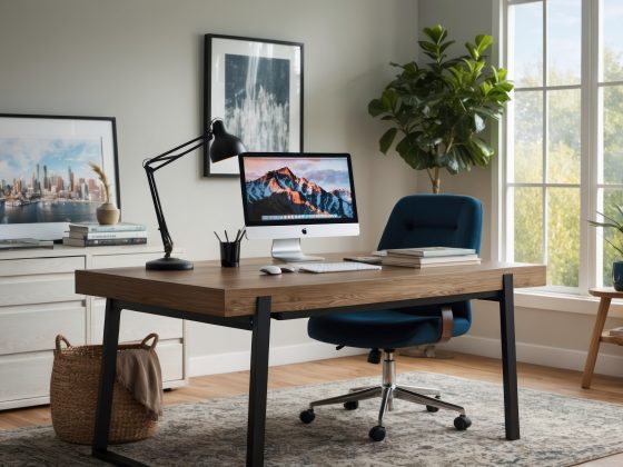 Espace de travail moderne : grand bureau en bois, chaise, lampe plante, commode blanche et tapis
