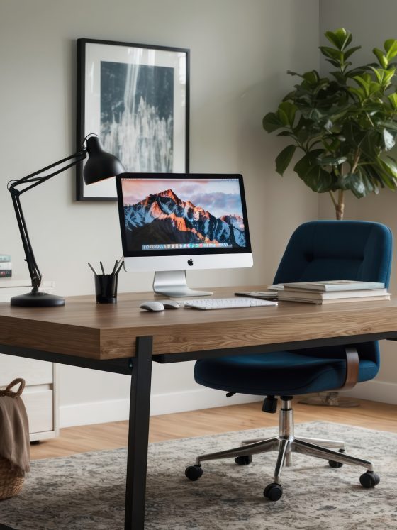 Espace de travail moderne : grand bureau en bois, chaise, lampe plante, commode blanche et tapis