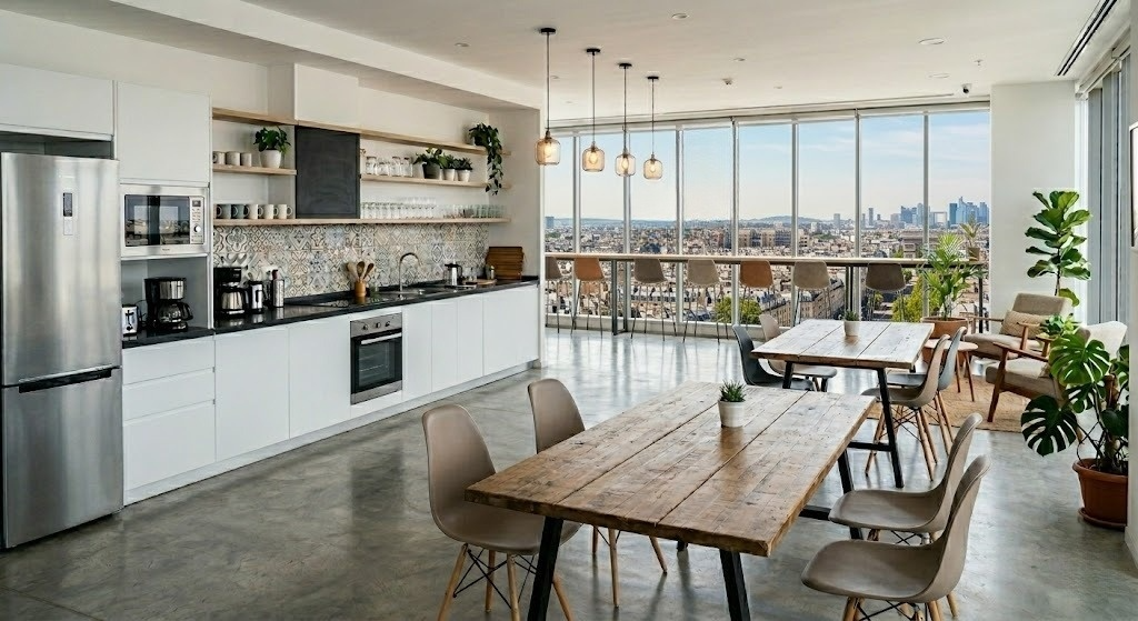 Cuisine entreprise aménagée avec sol béton, mobilier en bois, appareils électroménagers et plantes