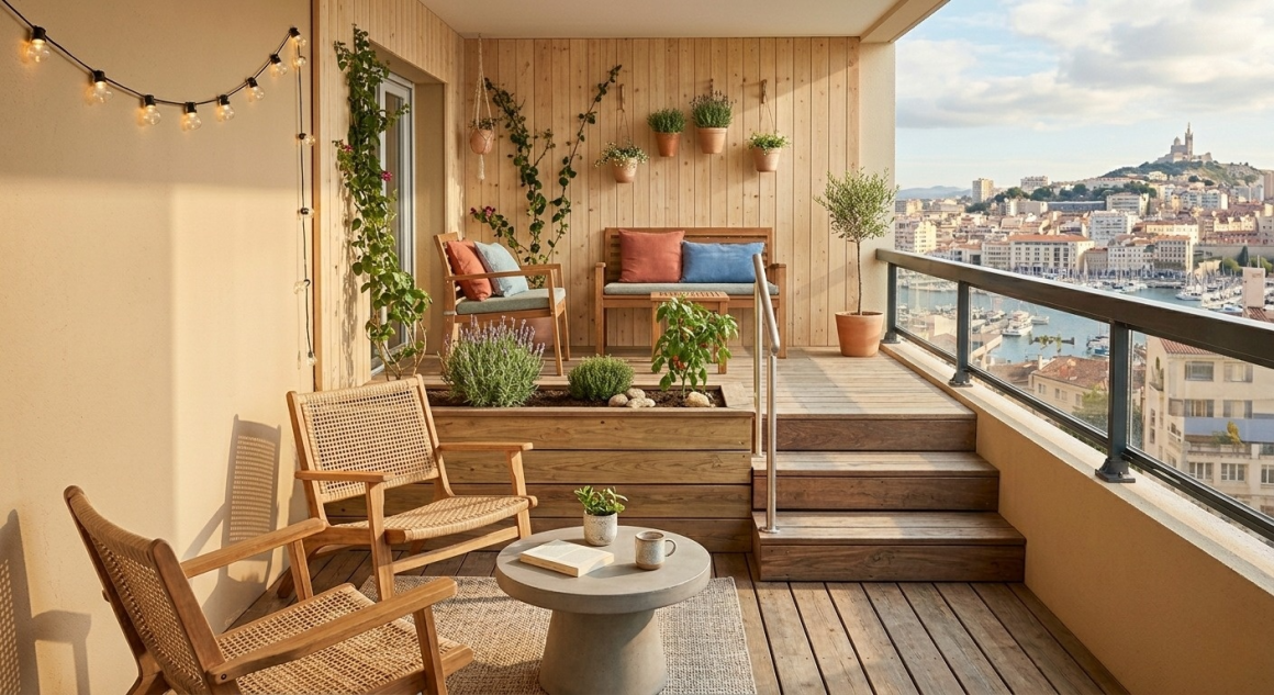 Balcon aménagé en niveaux : marches, terrasse surélevée, jardinières intégrées, coins salon distincts et plantes grimpantes
