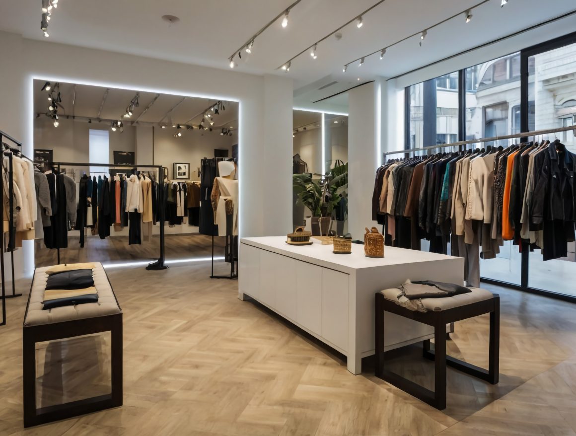 Agencement boutique avec grandes vitrines, bancs, comptoir central et vêtements sur portants