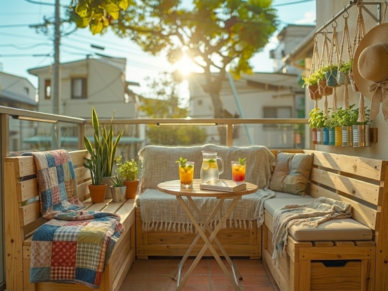 Petite terrasse cosy avec banquette en bois, coussins, plantes suspendues et soleil tamisé