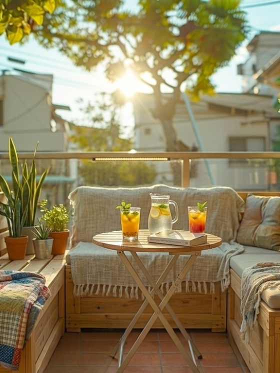 Petite terrasse cosy avec banquette en bois, coussins, plantes suspendues et soleil tamisé
