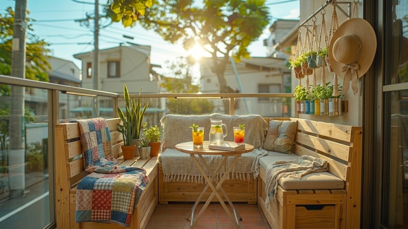 Petite terrasse cosy avec banquette en bois, coussins, plantes suspendues et soleil tamisé