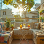 Petite terrasse cosy avec banquette en bois, coussins, plantes suspendues et soleil tamisé