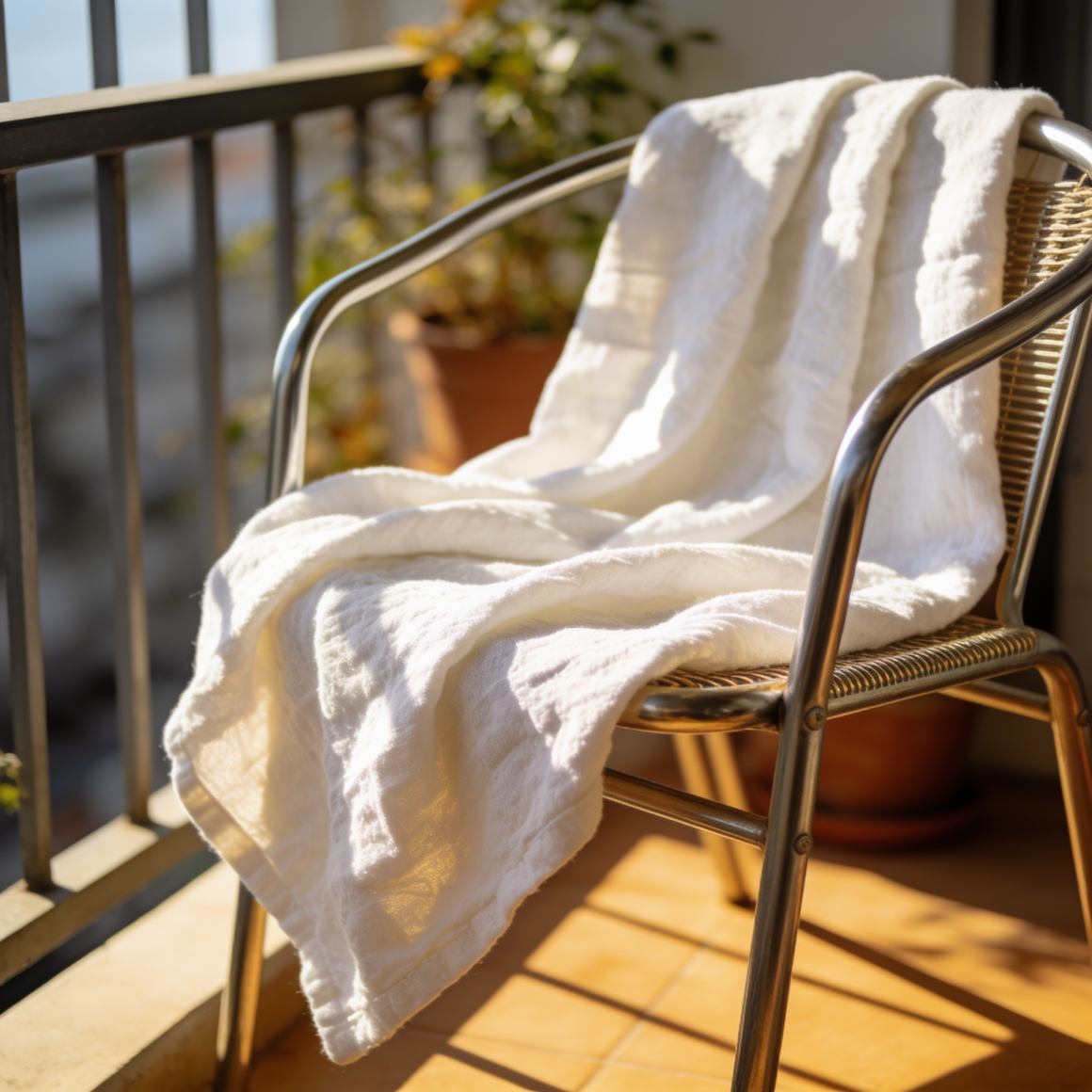 Couverture blanche sur chaise ensoleillée dans un espace extérieur