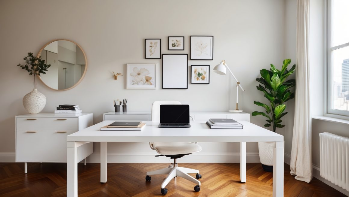 Bureau à domicile aménagé avec mobilier blanc, plante, cadres floraux et petit miroir