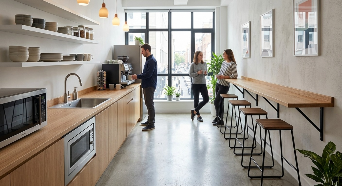 Aménagement cuisine entreprise avec plans de travail en bois, électroménager, étagères ouvertes, évier et coin bar